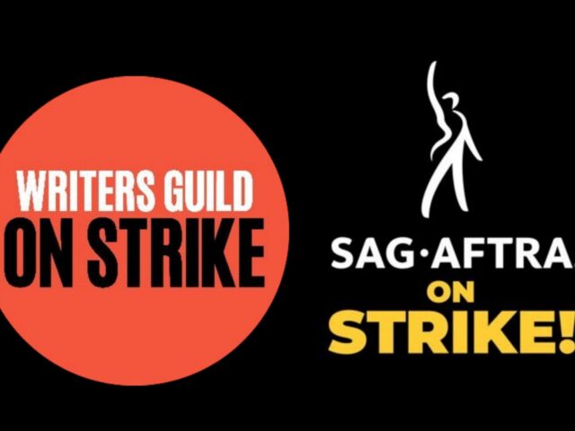Logos for WGA and SAG-AFTRA on strike